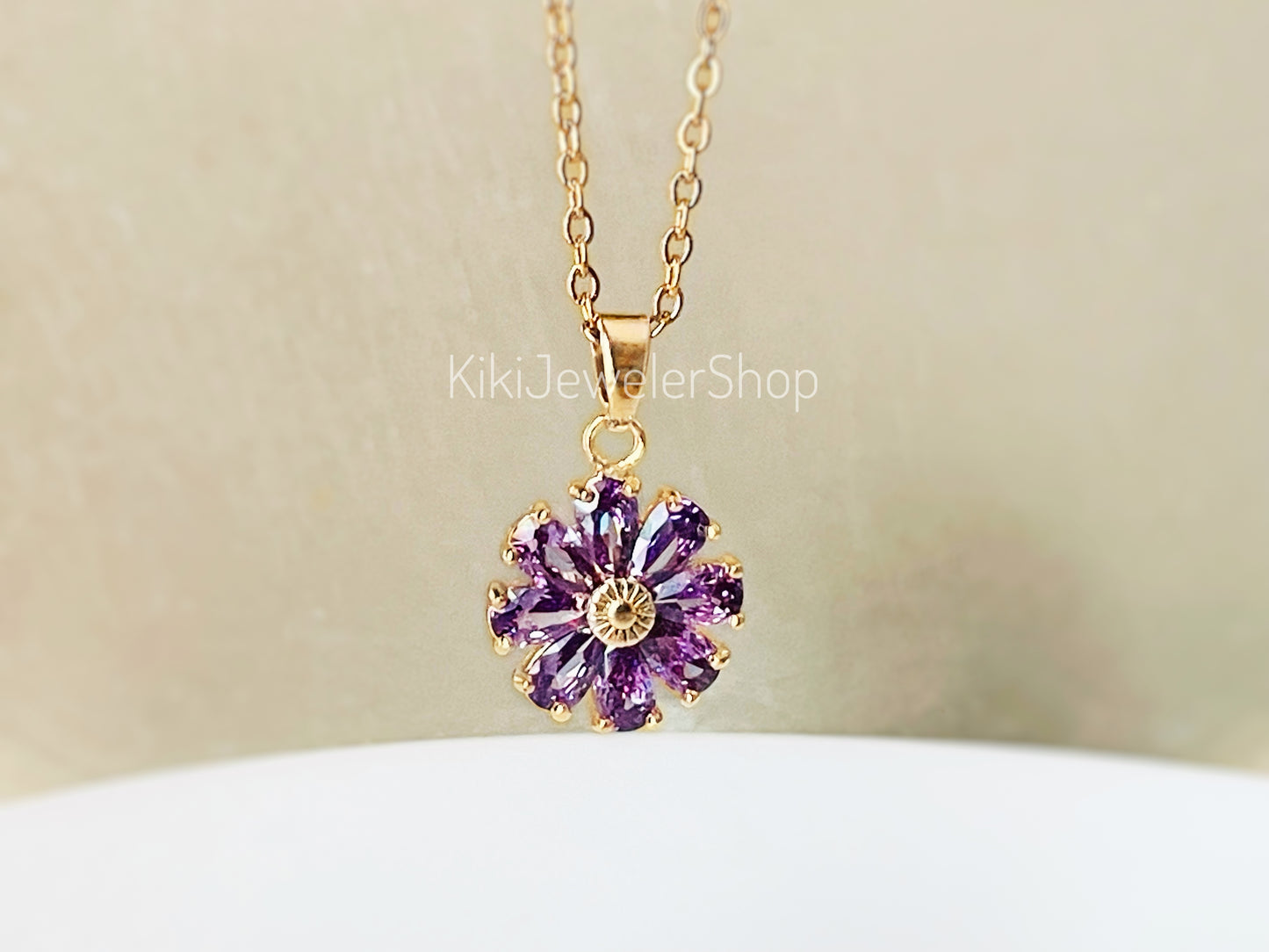 Daisy flower charm necklace, sapphire flower pendant