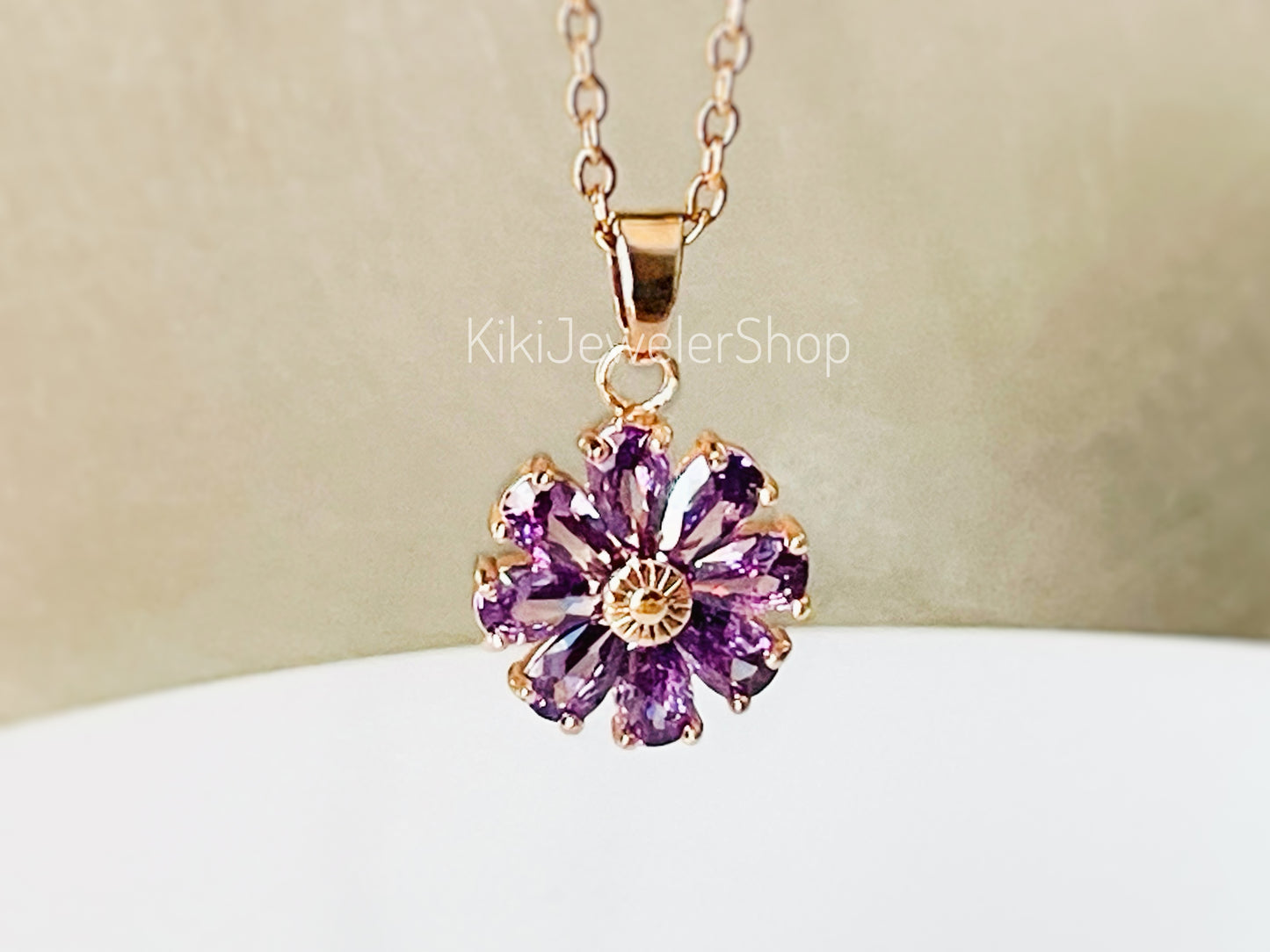 Daisy flower charm necklace, sapphire flower pendant