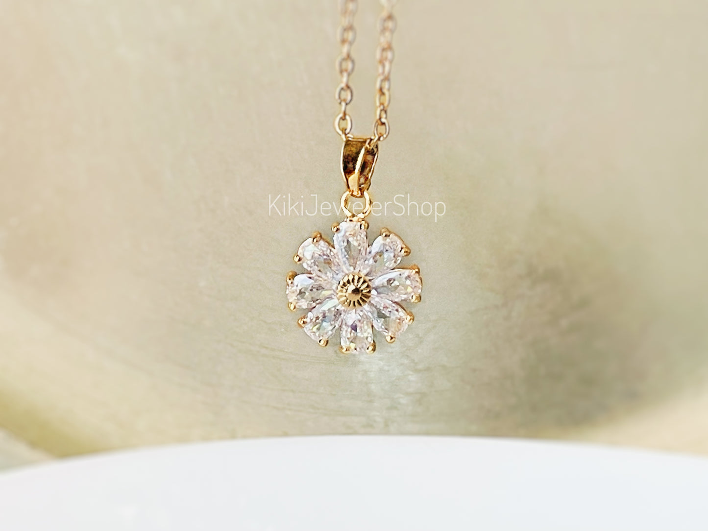 Daisy flower charm necklace, sapphire flower pendant