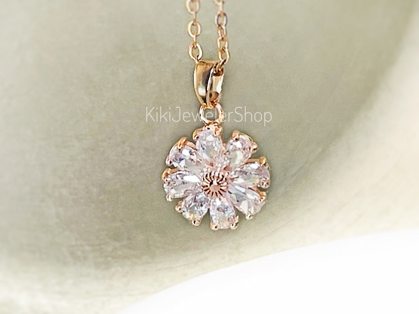 Daisy flower charm necklace, sapphire flower pendant