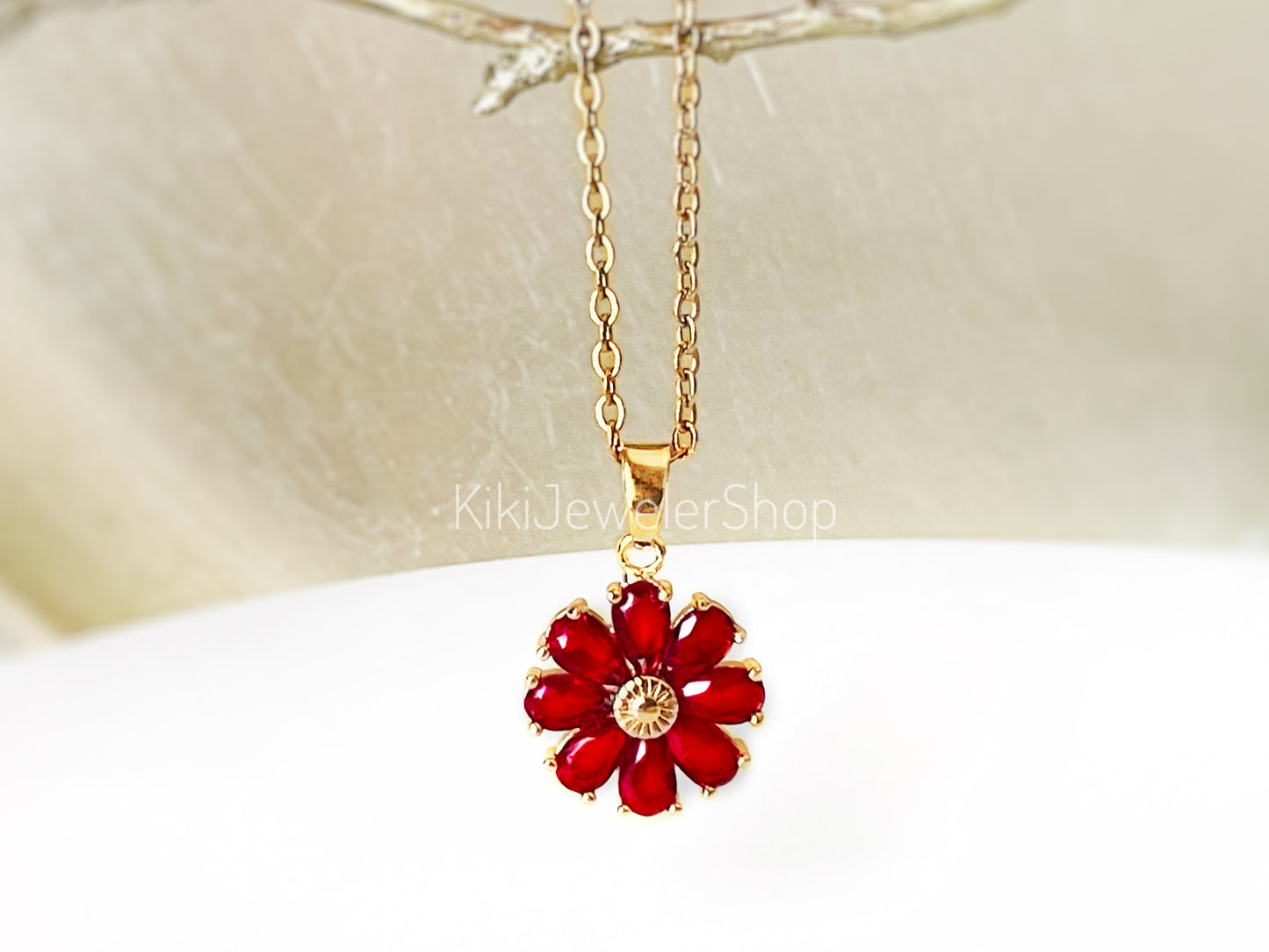 Daisy flower charm necklace, sapphire flower pendant