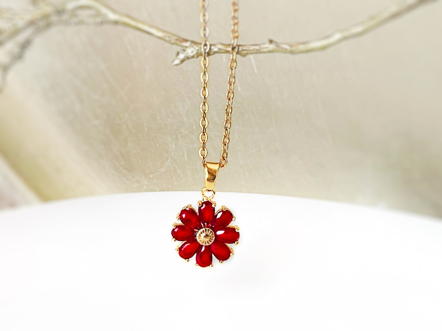 Garnet daisy flower charm necklace