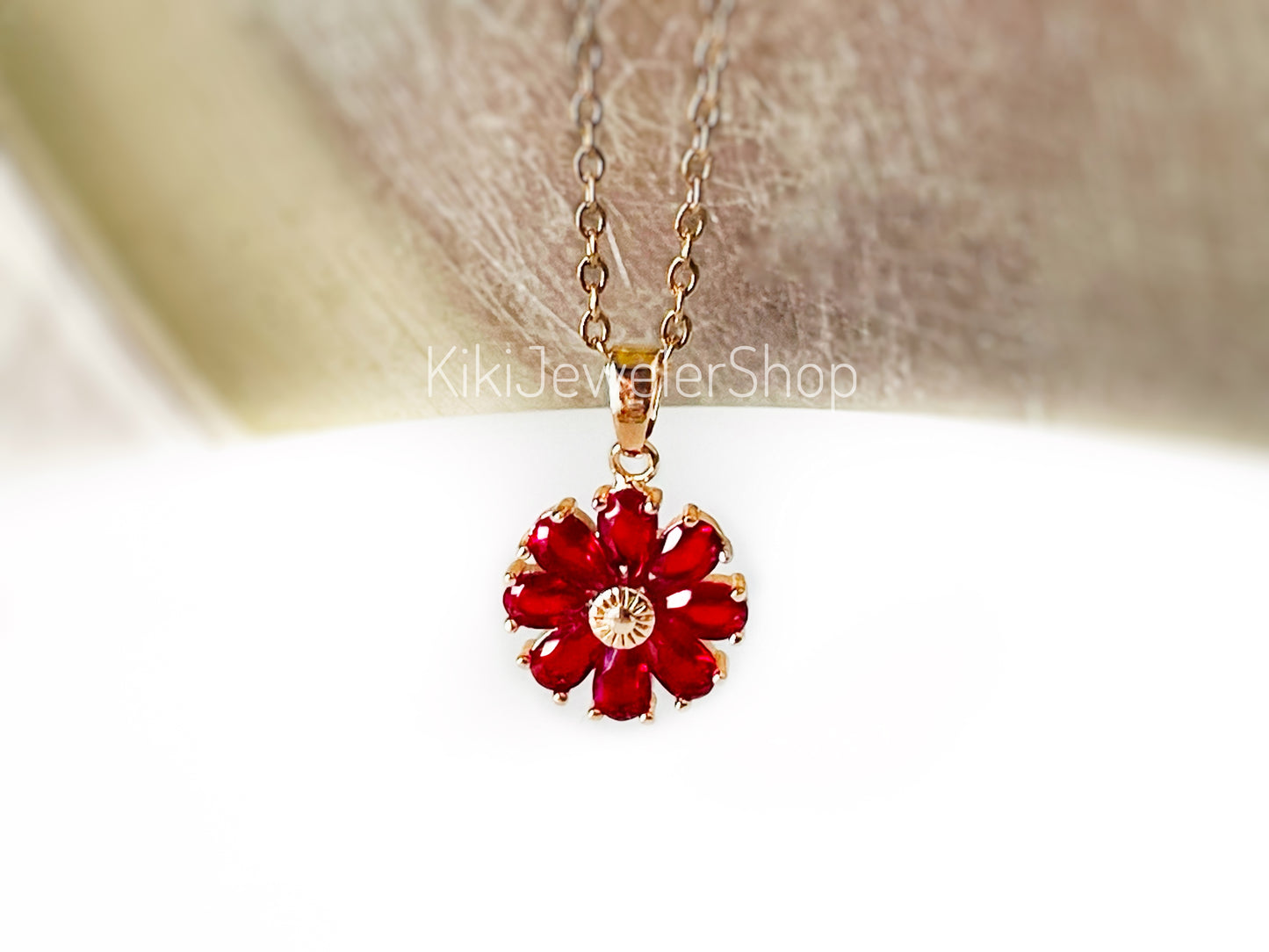 Daisy flower charm necklace, sapphire flower pendant