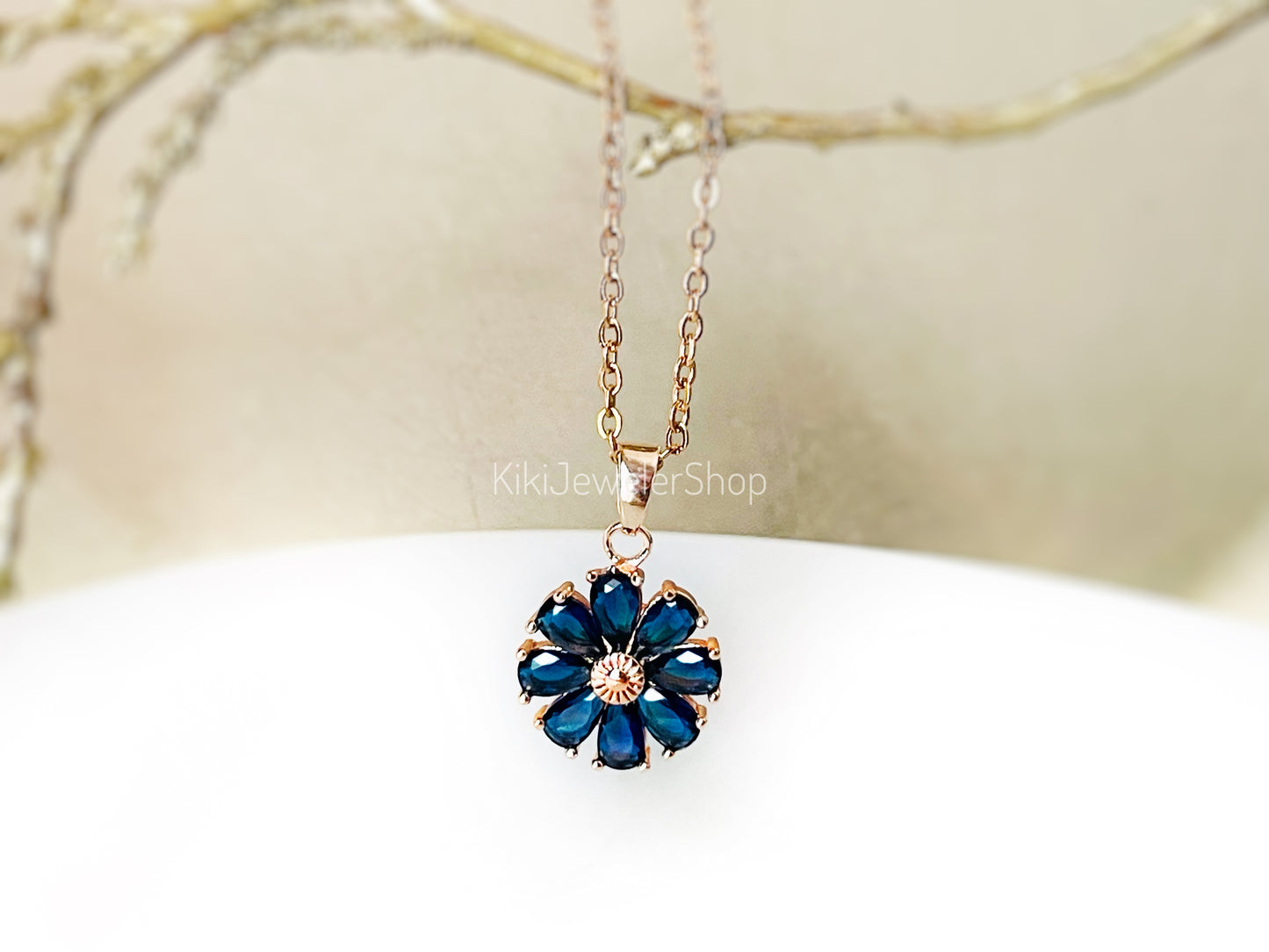 Daisy flower charm necklace, sapphire flower pendant