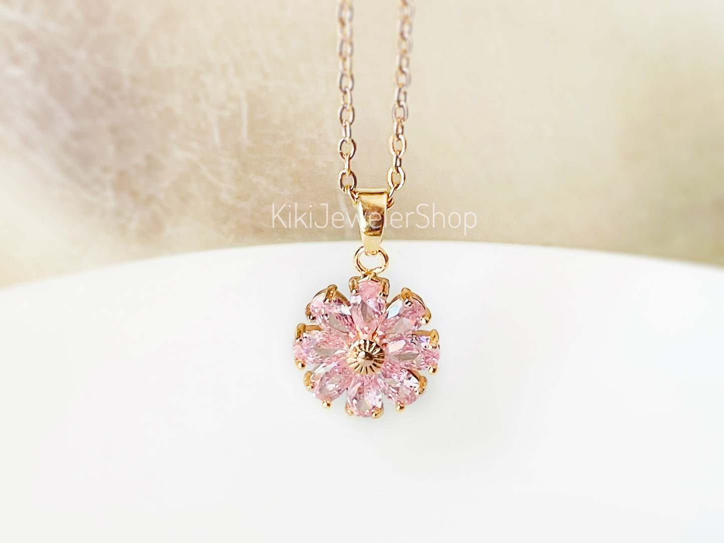 Daisy flower charm necklace, sapphire flower pendant