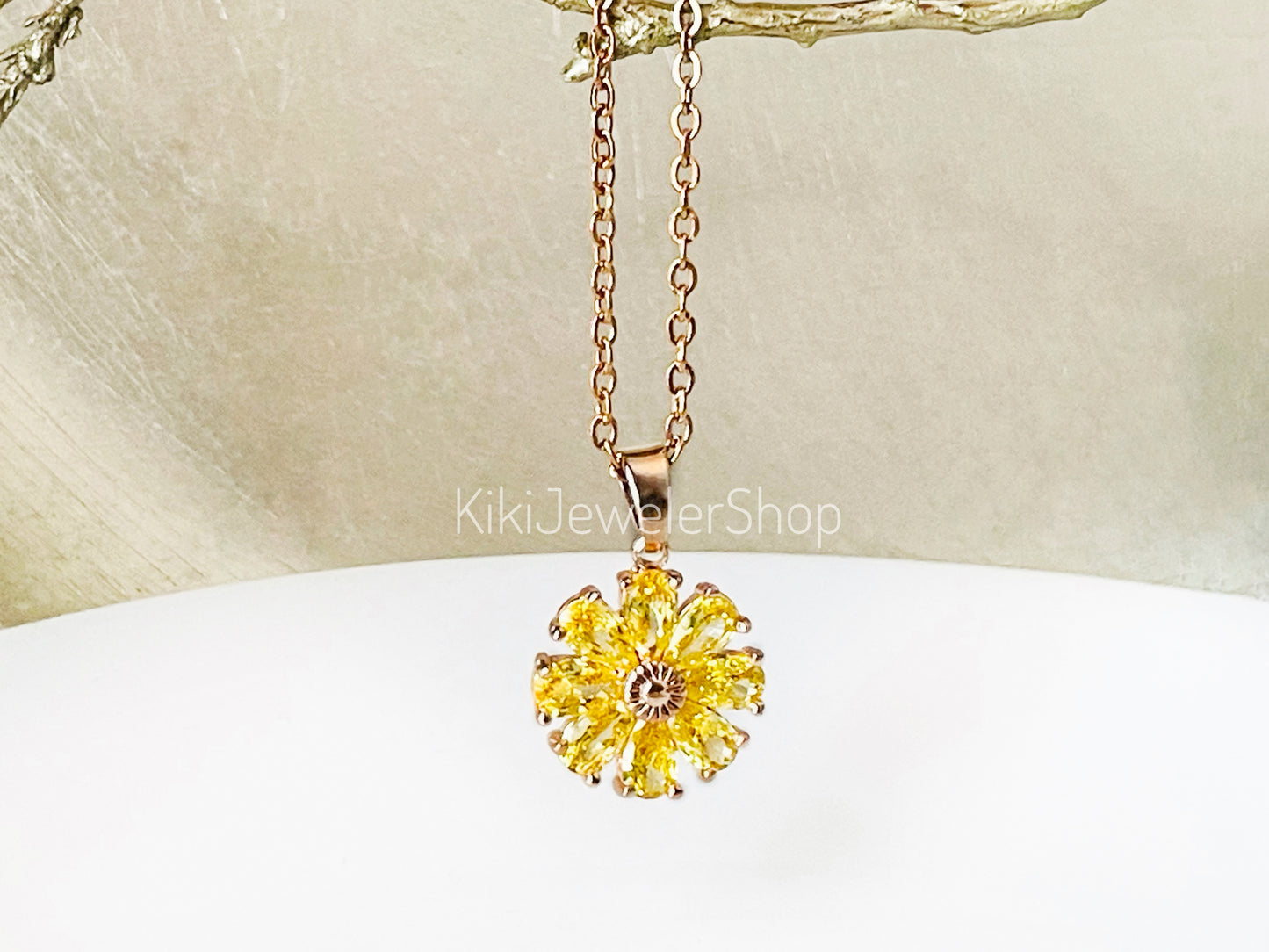 Daisy flower charm necklace, sapphire flower pendant