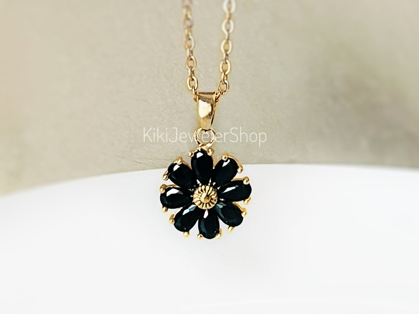 Daisy flower charm necklace, sapphire flower pendant