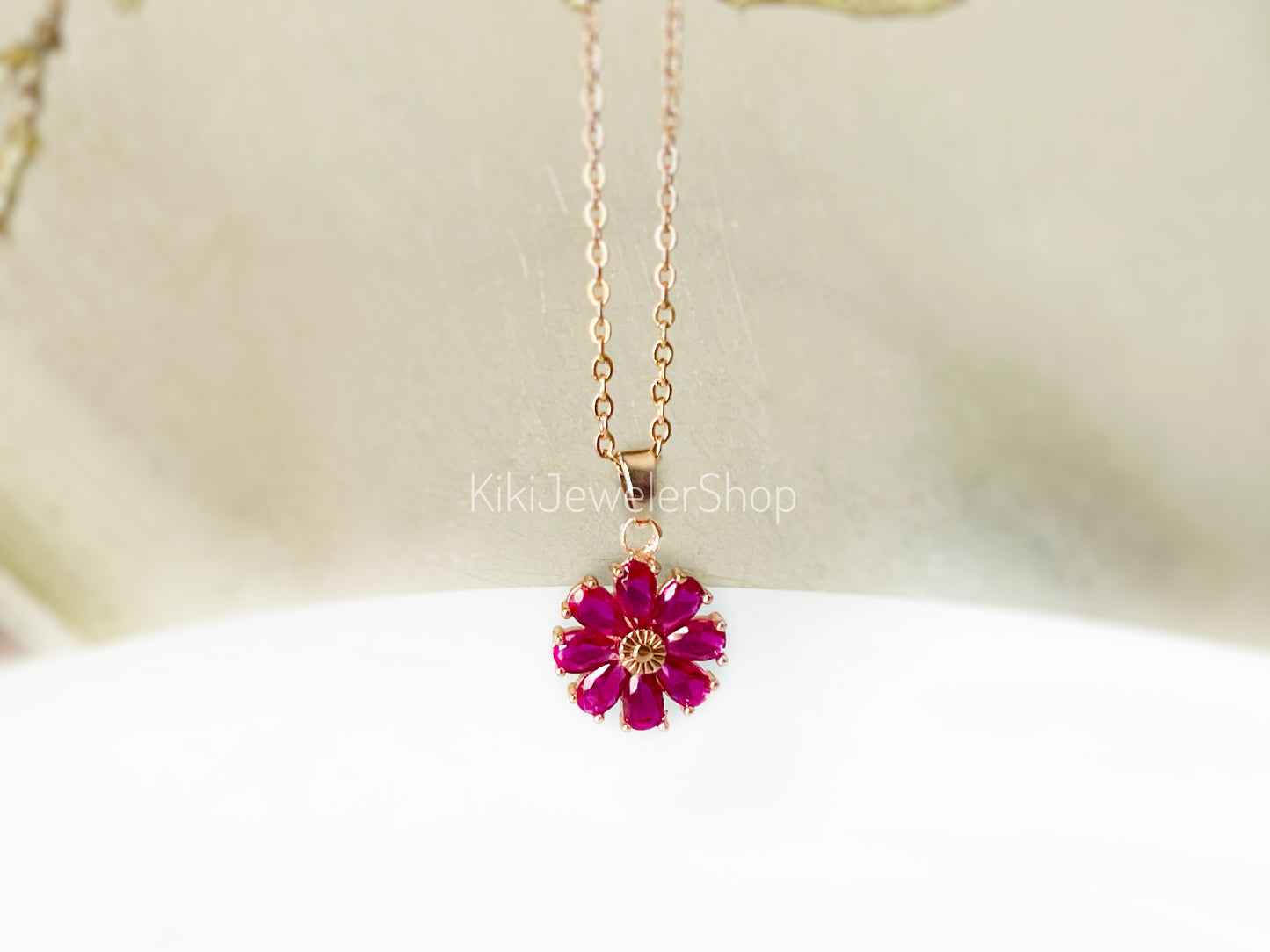 Garnet daisy flower charm necklace
