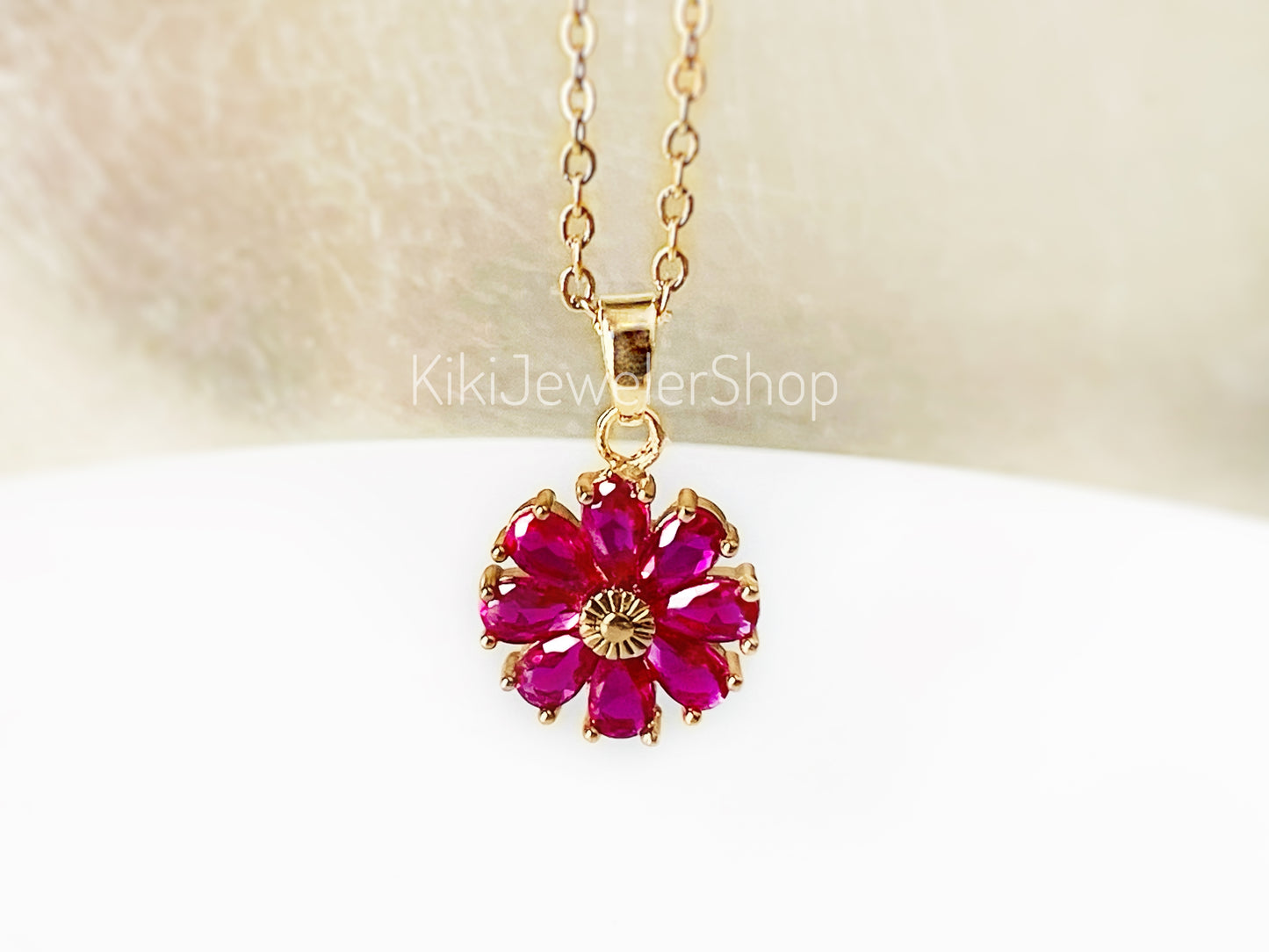 Garnet daisy flower charm necklace