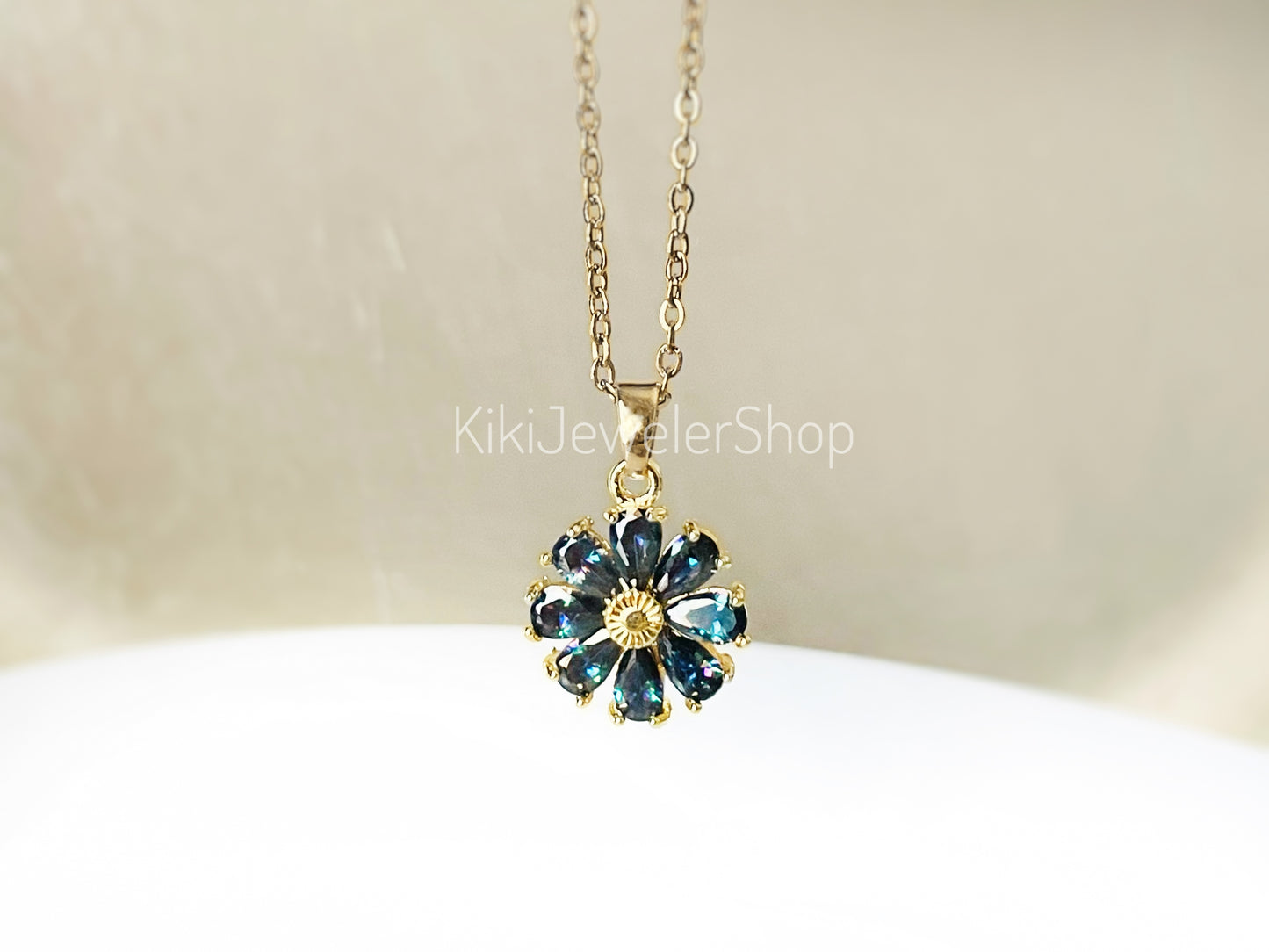 Garnet daisy flower charm necklace