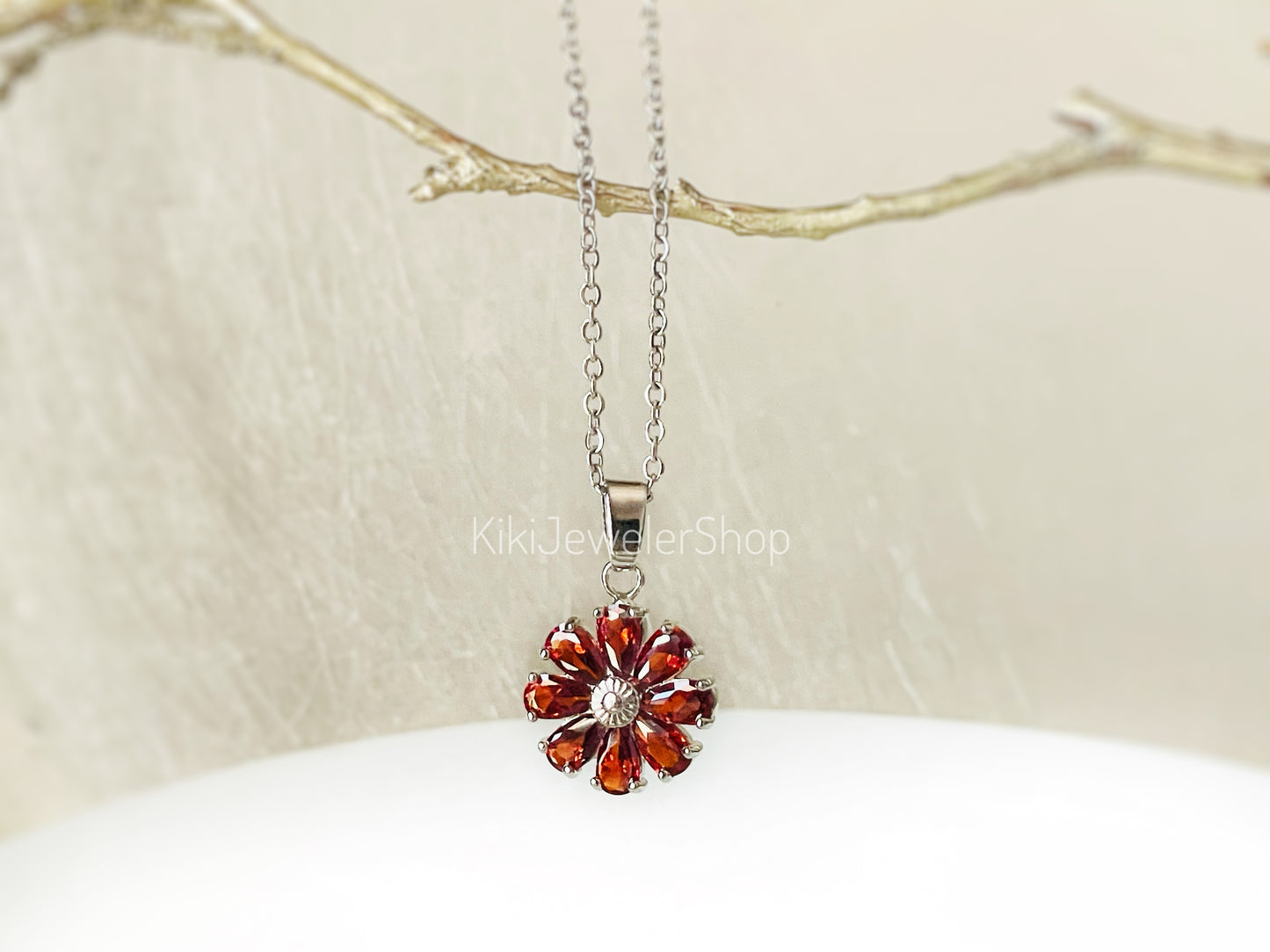 Daisy flower charm necklace, sapphire flower pendant