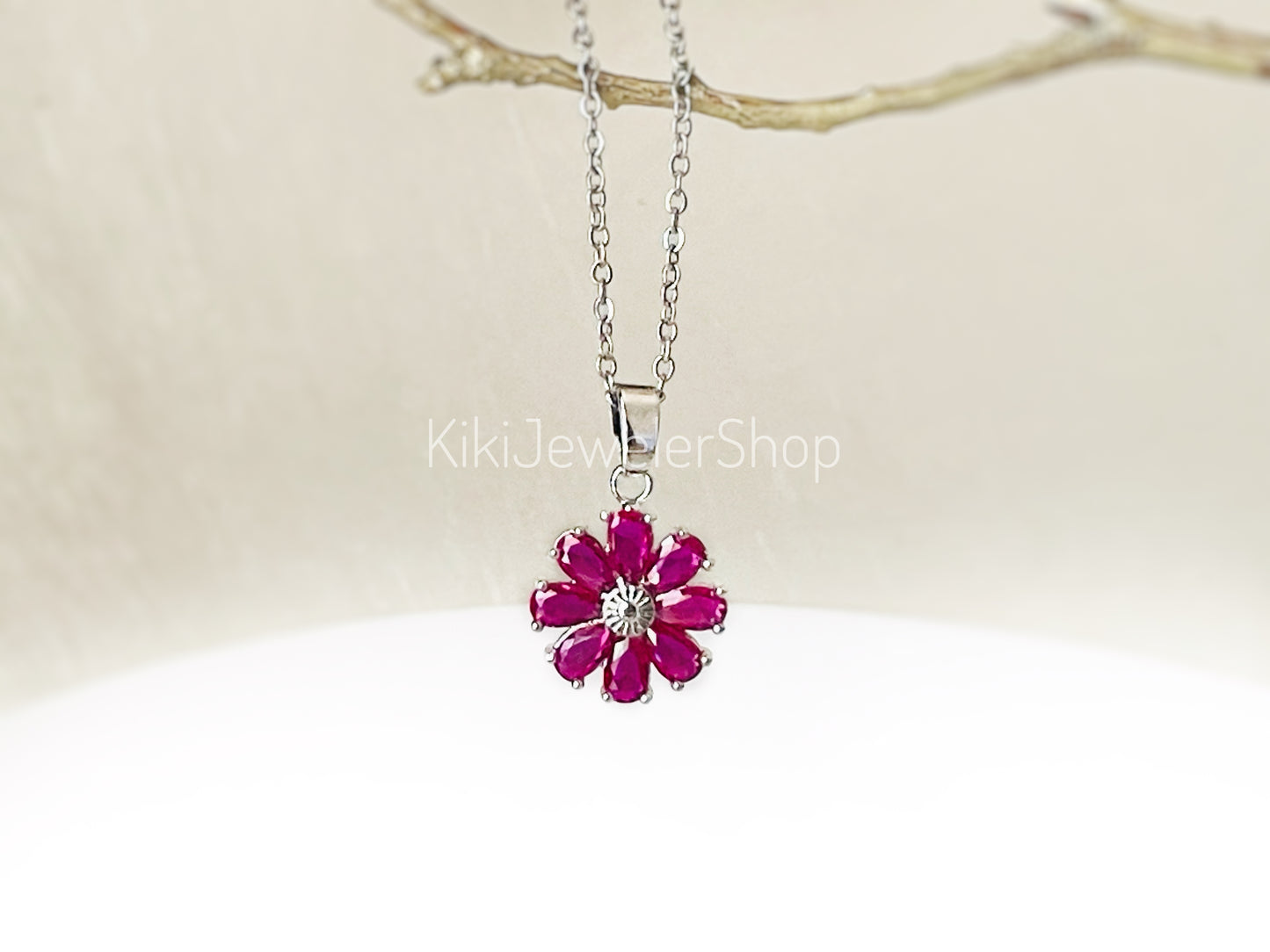 Garnet daisy flower charm necklace
