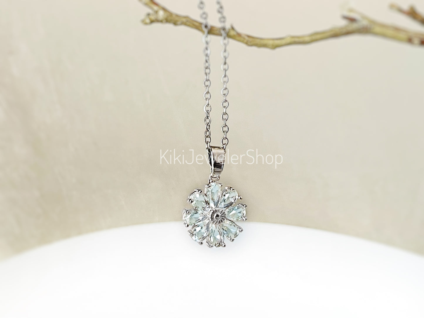 Daisy flower charm necklace, sapphire flower pendant