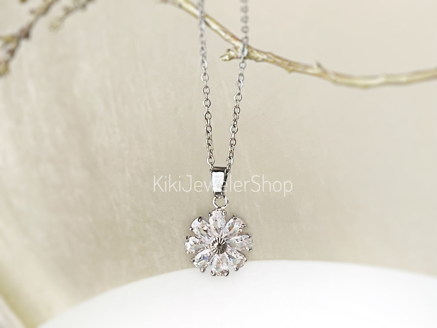 Daisy flower charm necklace, sapphire flower pendant
