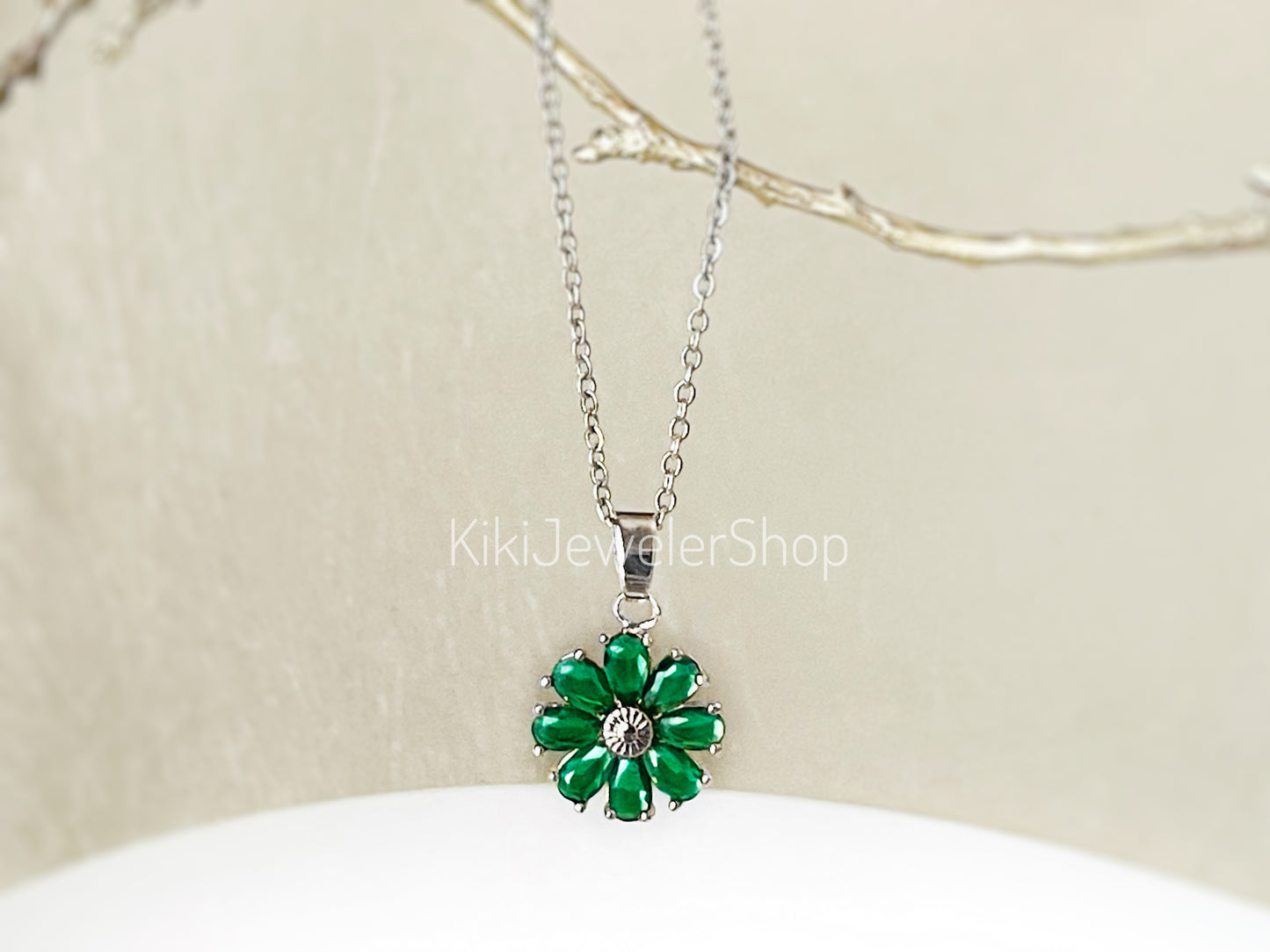 Daisy flower charm necklace, sapphire flower pendant