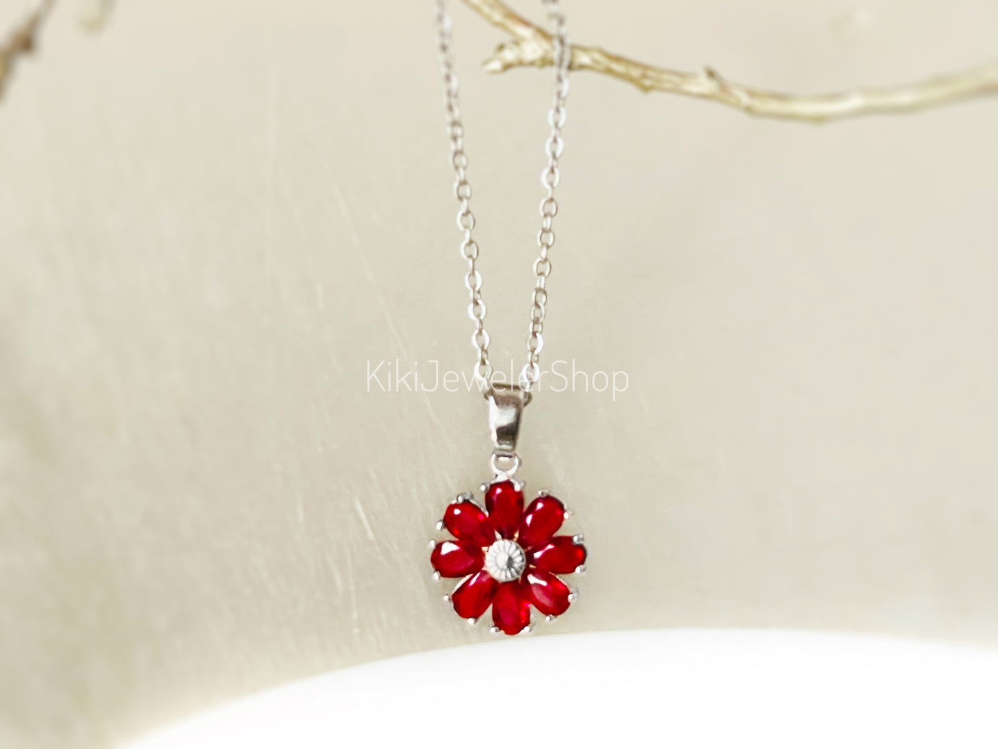 Daisy flower charm necklace, sapphire flower pendant