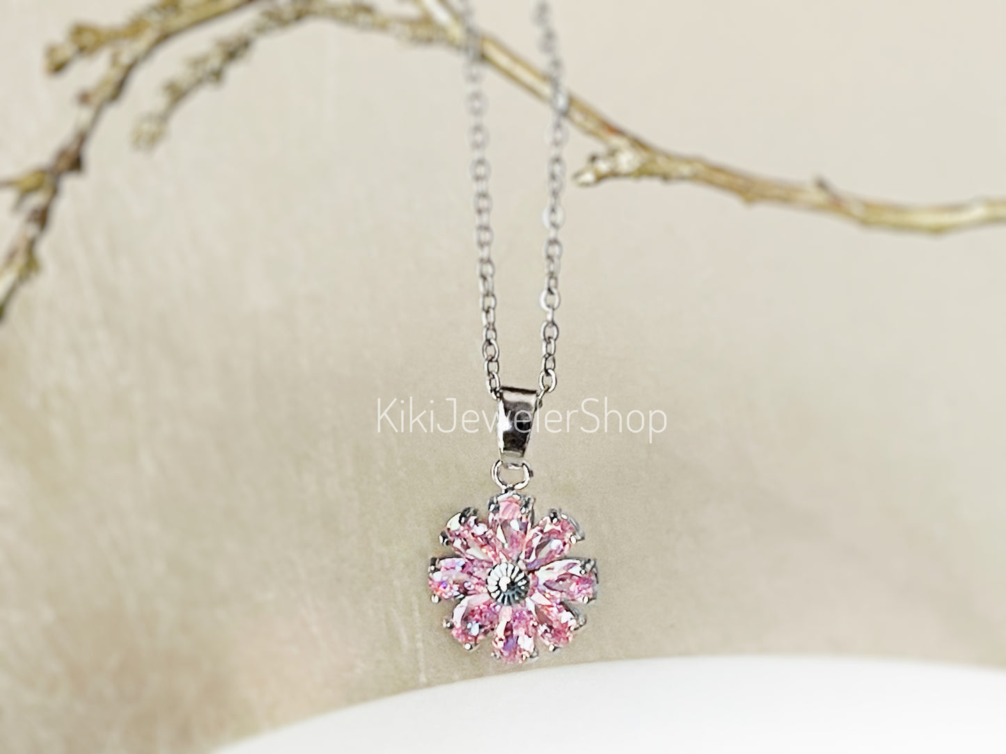 Daisy flower charm necklace, sapphire flower pendant