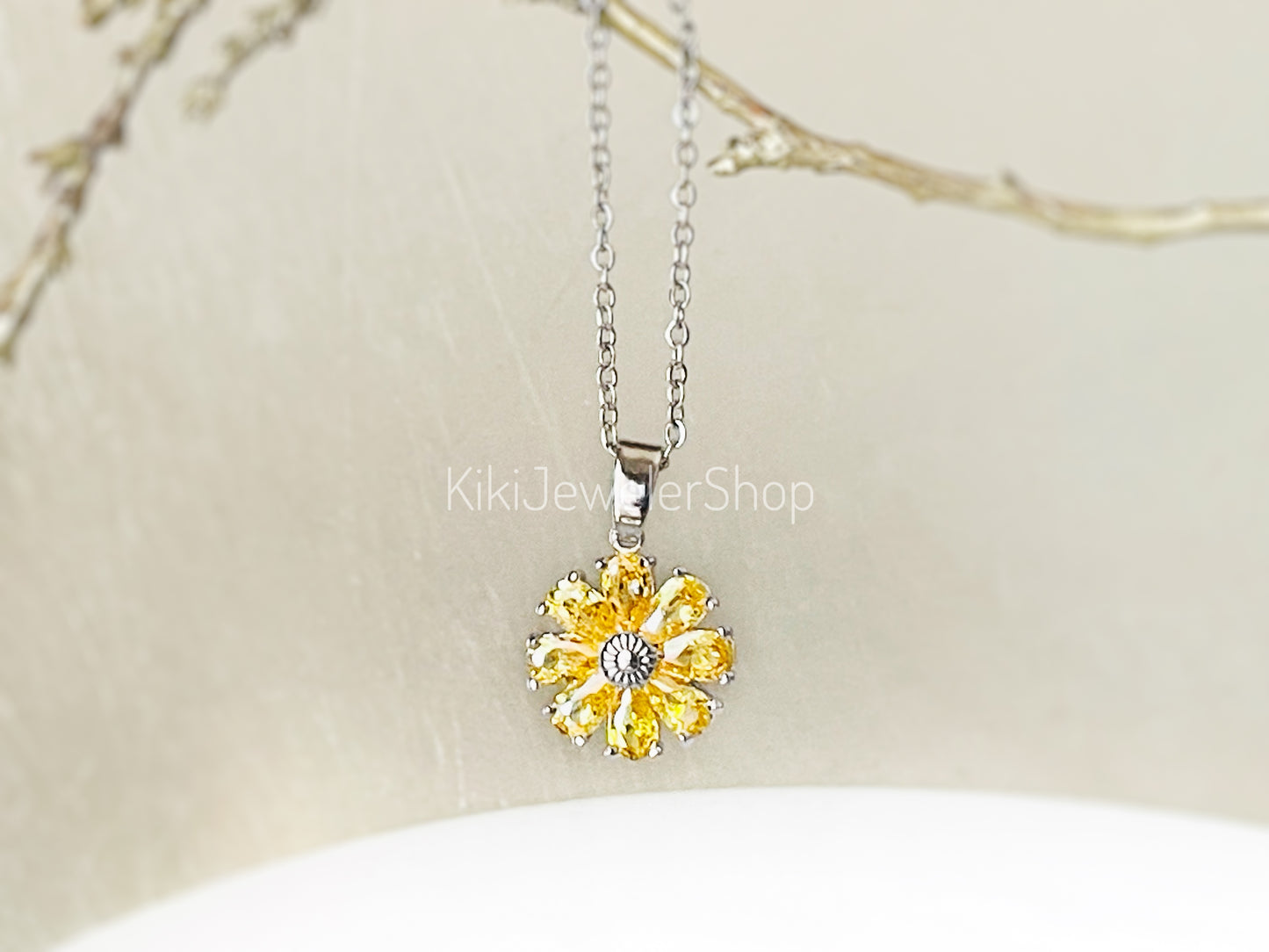 Daisy flower charm necklace, sapphire flower pendant