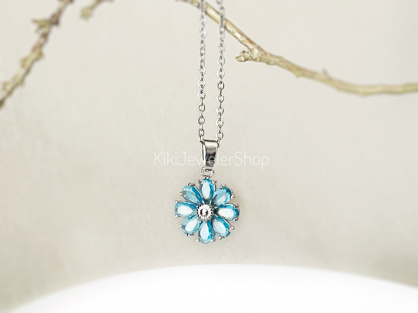 Daisy flower charm necklace, sapphire flower pendant