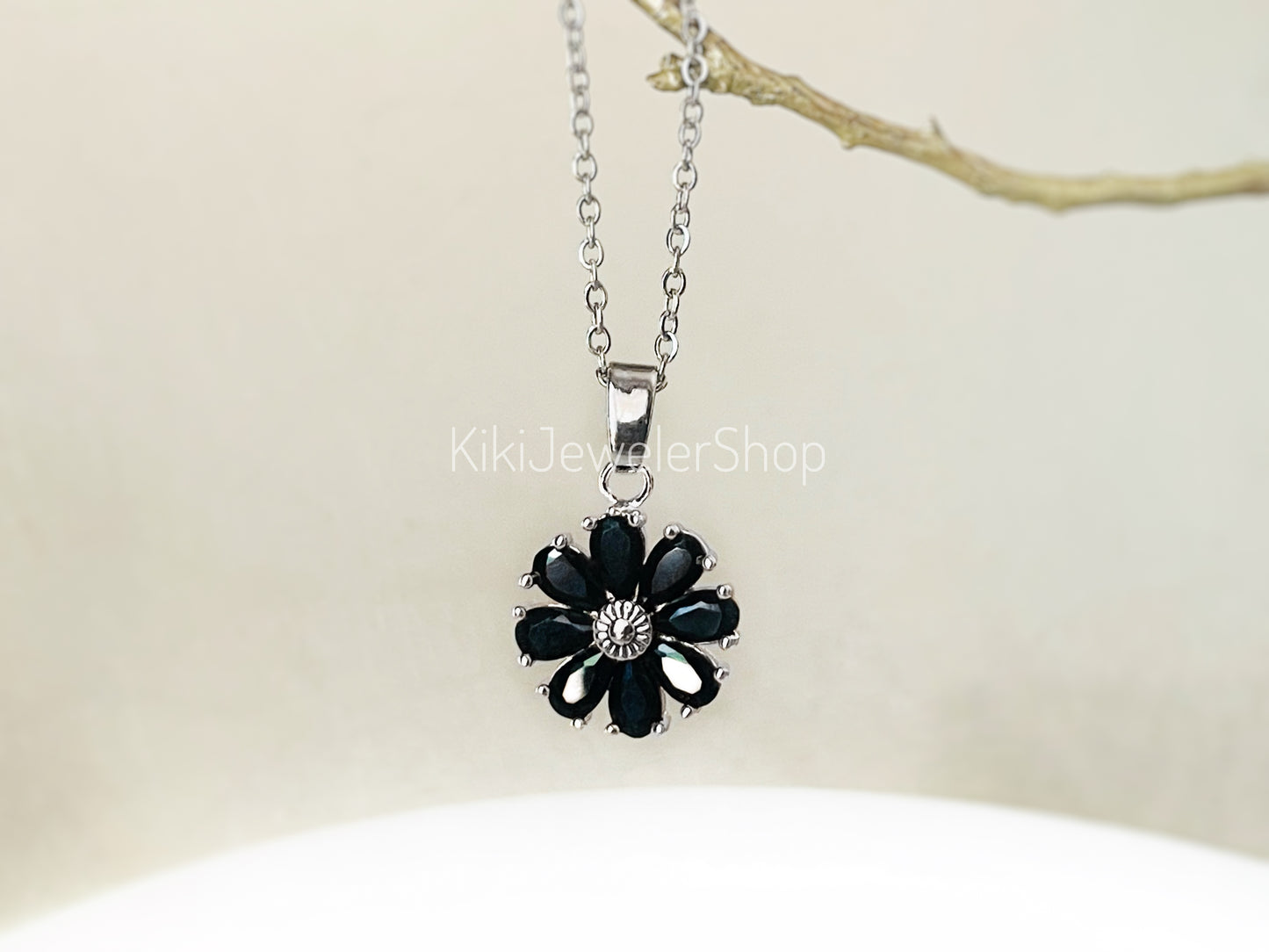 Daisy flower charm necklace, sapphire flower pendant