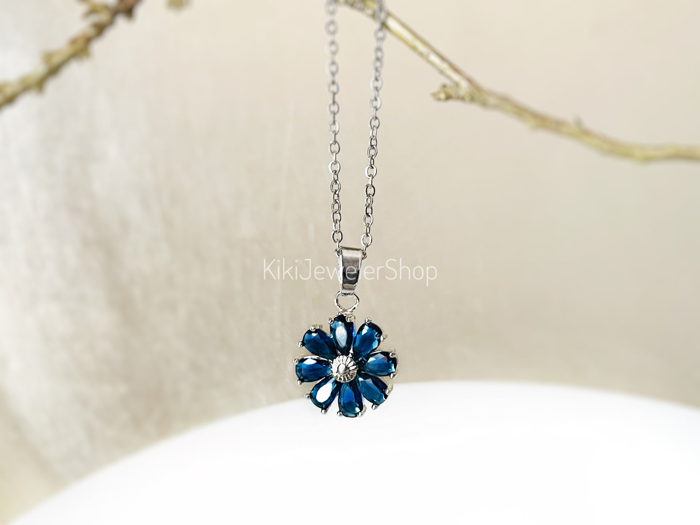 Daisy flower charm necklace, sapphire flower pendant