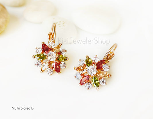Rainbow Snowflake Flower Leverback Earrings