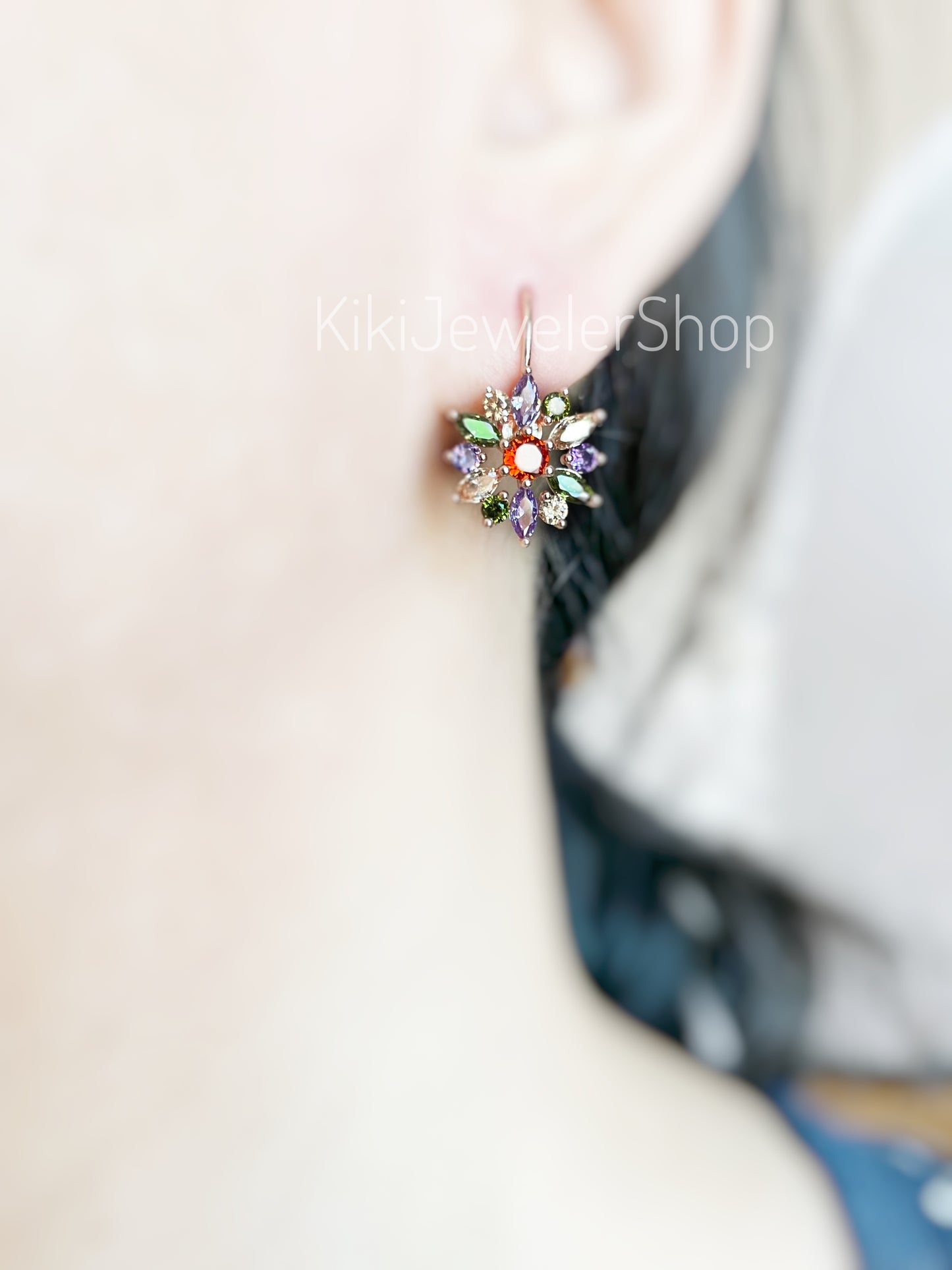 Pink+White Sapphire Snowflake Flower Leverback Earrings