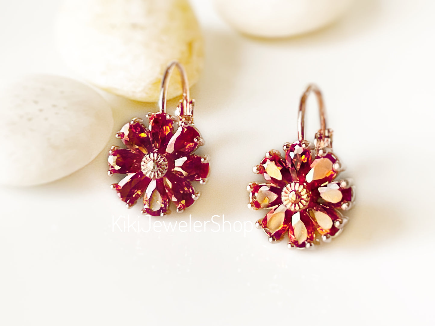 Garnet Daisy Flower Drop Earrings Gold-filled