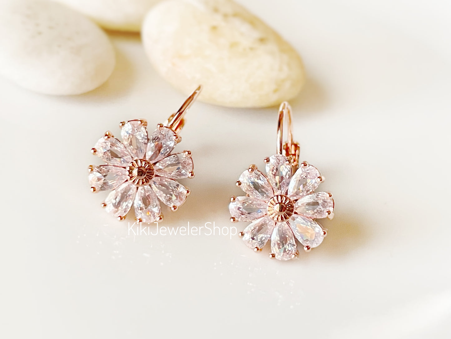 White Sapphire Daisy Flower Drop earrings Gold-filled