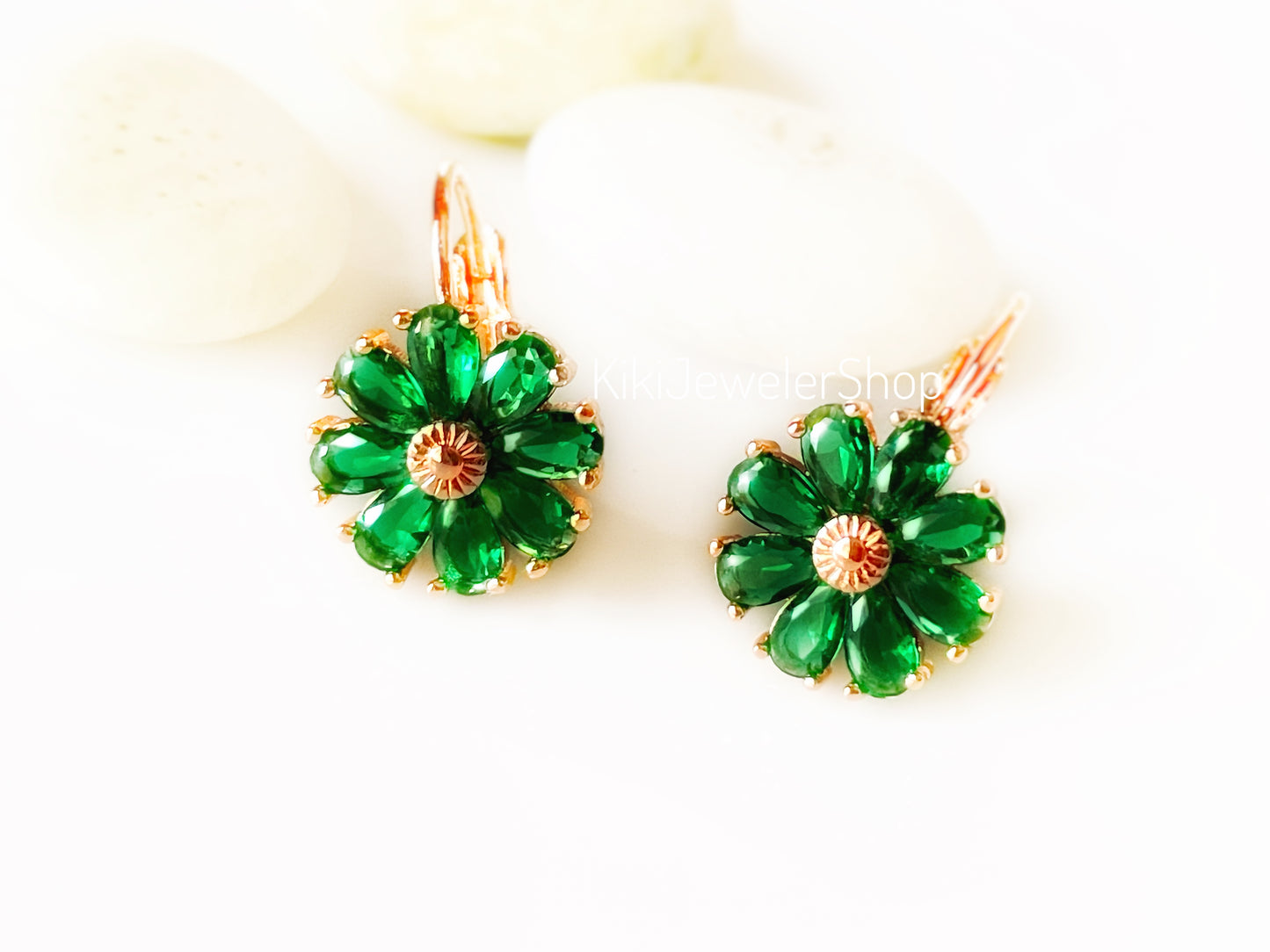Emerald Daisy Flower Earrings Gold-filled