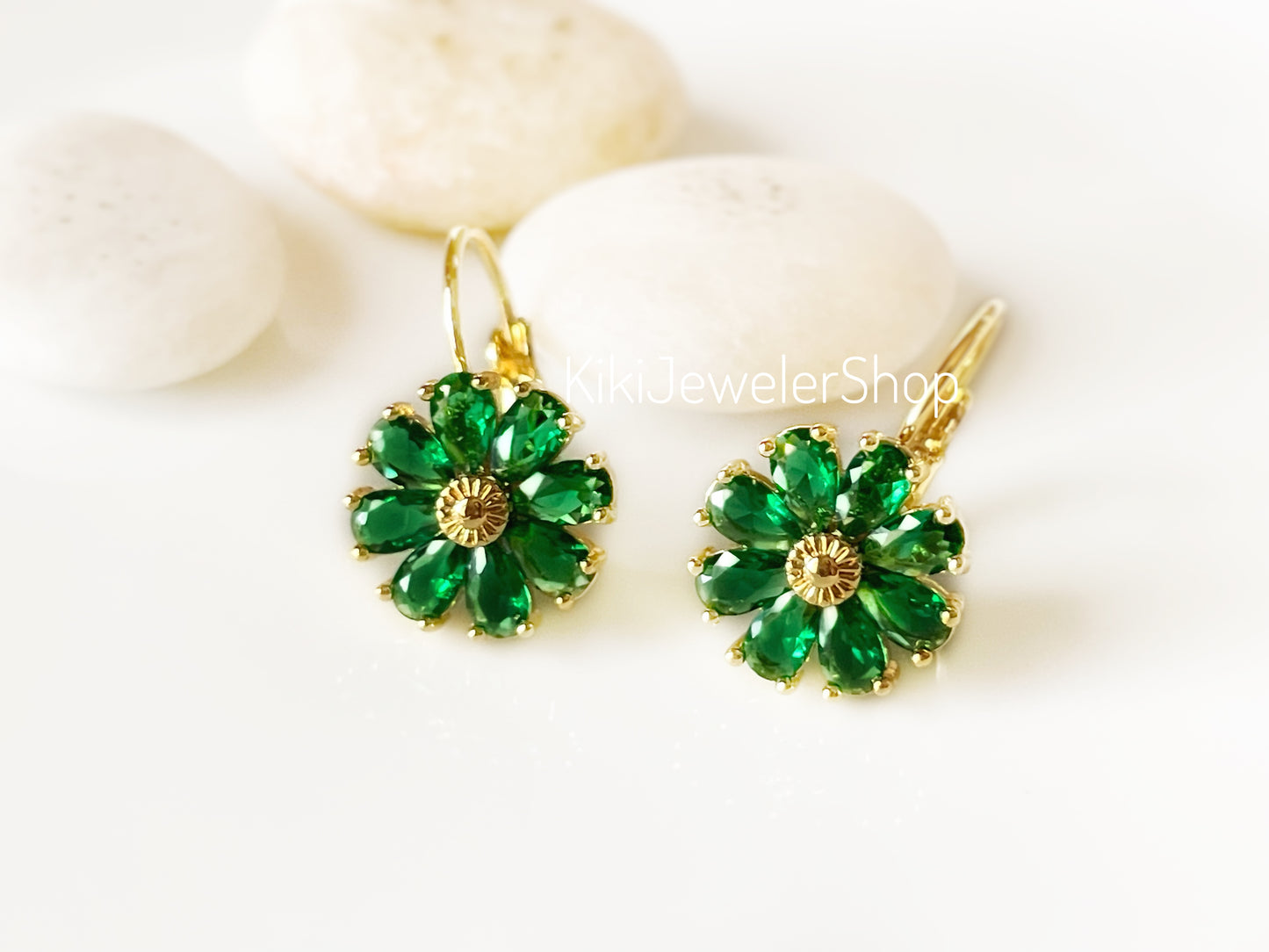 Emerald Daisy Flower Earrings Gold-filled