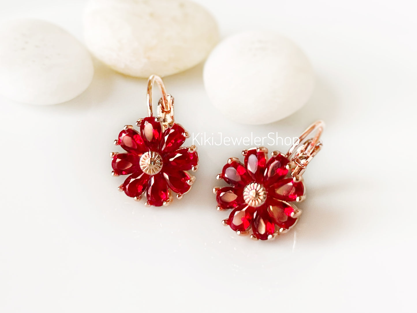 Ruby Daisy Flower Drop Earrings Gold-filled