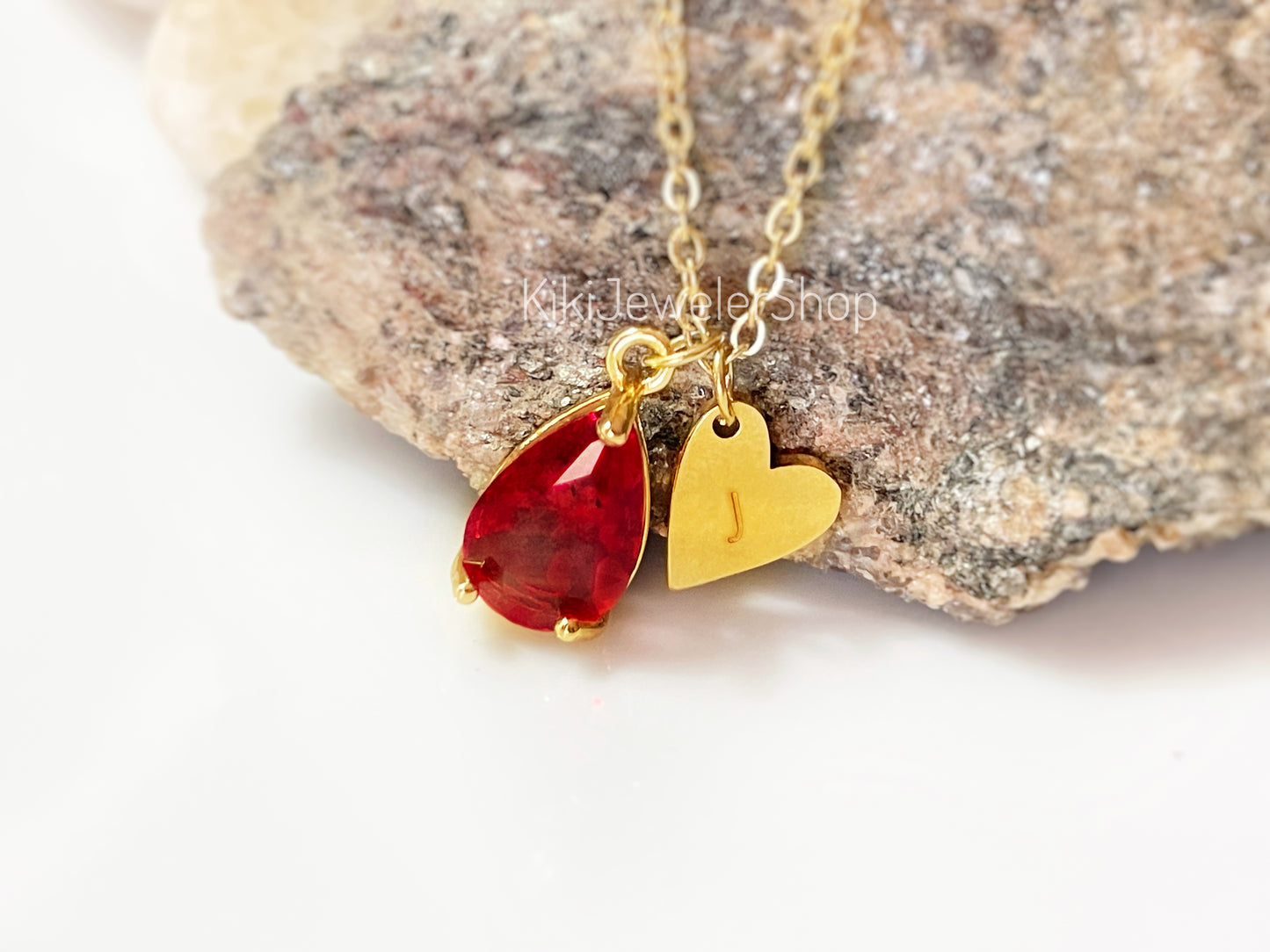 Gold Heart Initial Ruby Teardrop Pendant Necklace