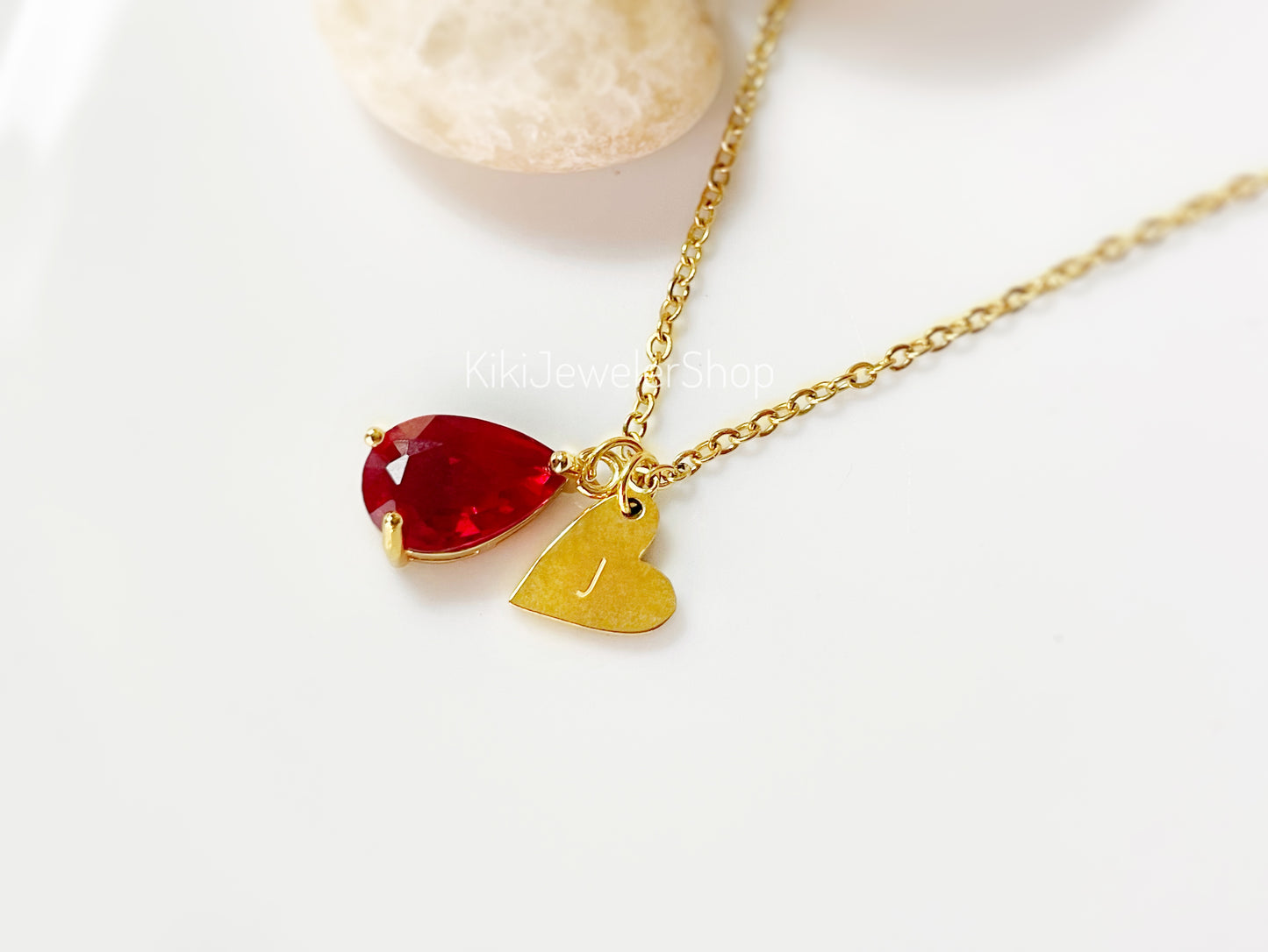Gold Heart Initial Ruby Teardrop Pendant Necklace