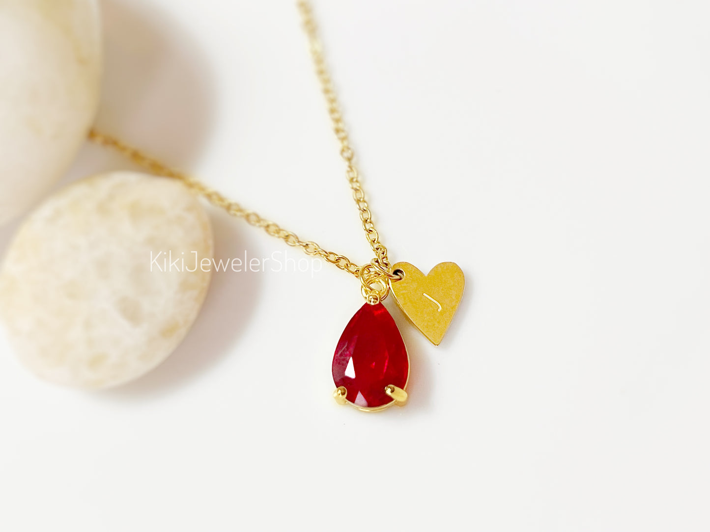 Gold Heart Initial Ruby Teardrop Pendant Necklace