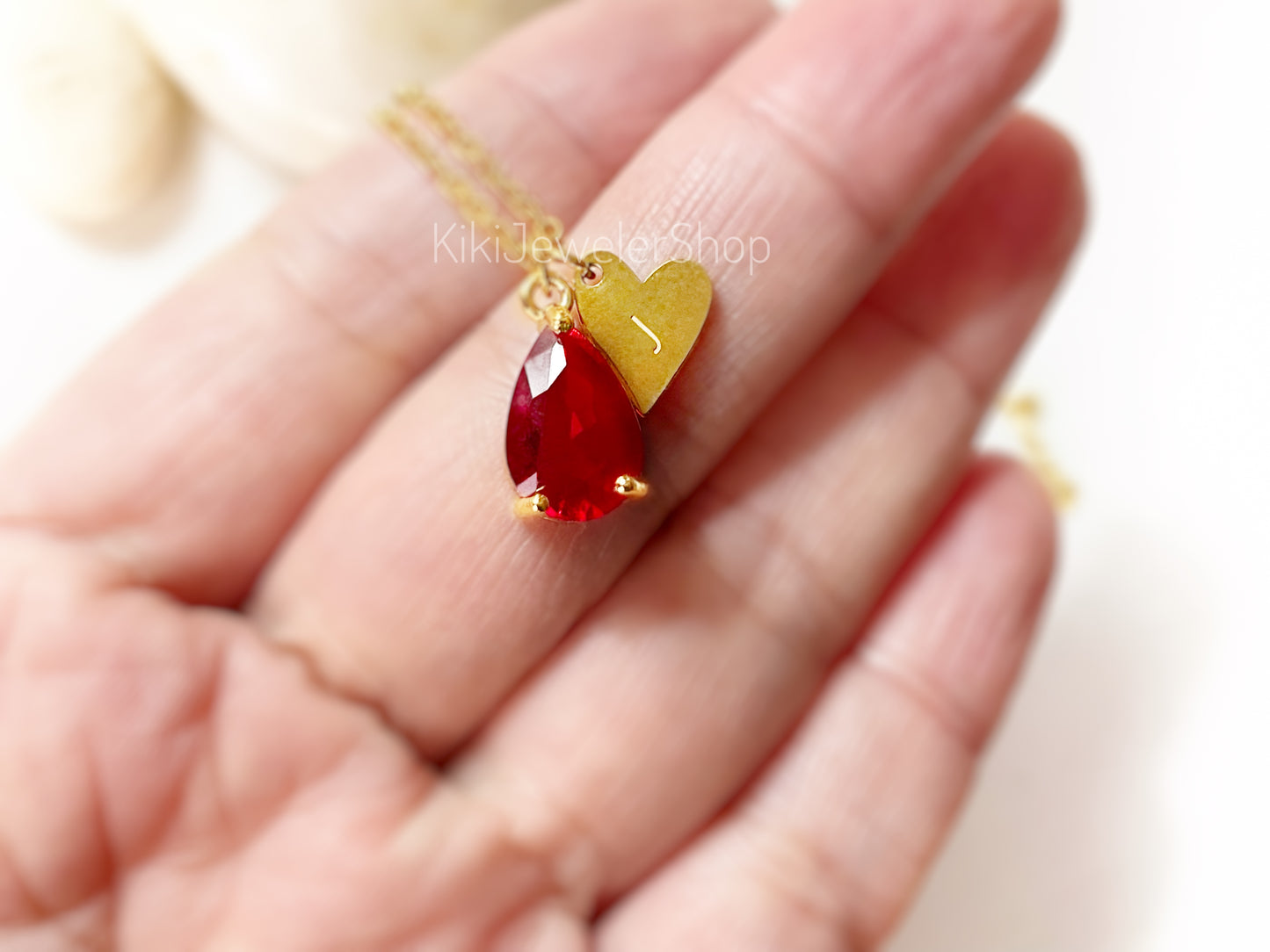 Gold Heart Initial Ruby Teardrop Pendant Necklace