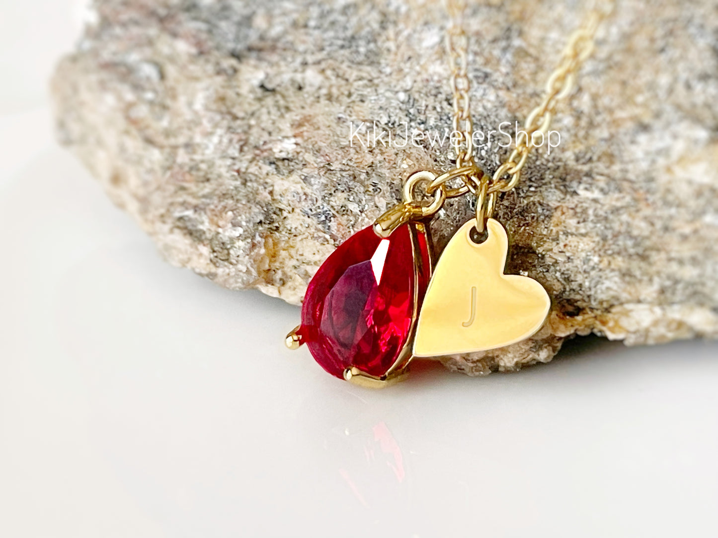Gold Heart Initial Ruby Teardrop Pendant Necklace