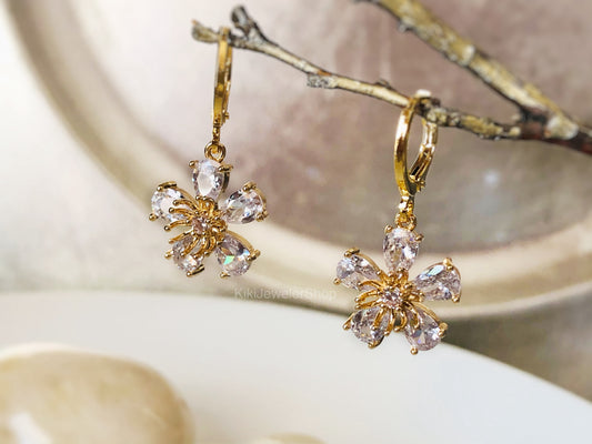 White Sapphire Flower Dangle Earrings