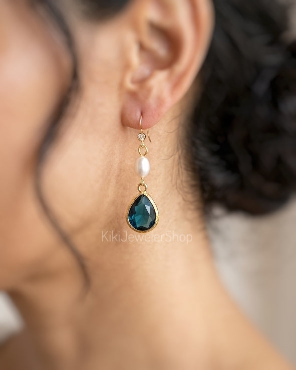 White opal crystal pearl long dangle earrings