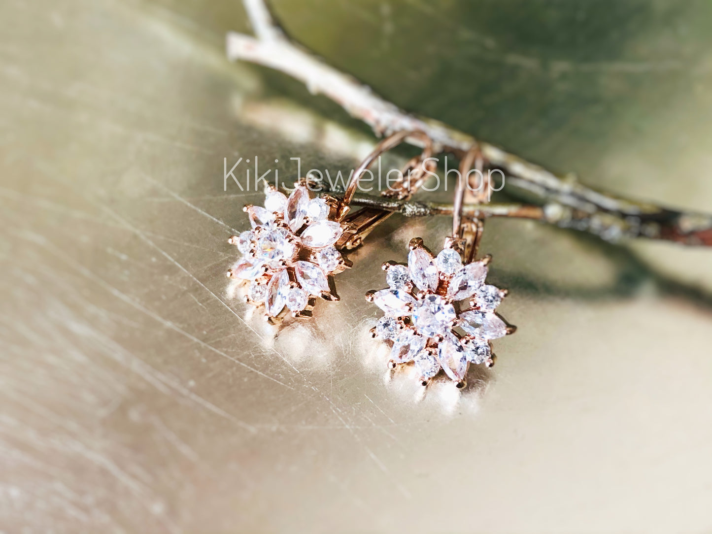 Pink+White Sapphire Snowflake Flower Leverback Earrings