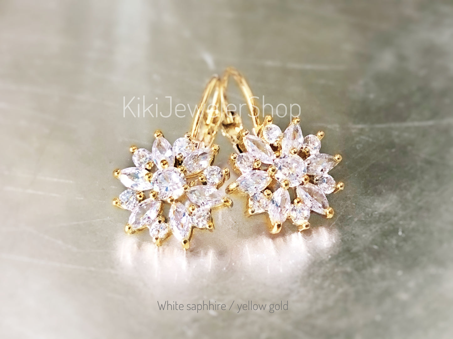 Pink+White Sapphire Snowflake Flower Leverback Earrings
