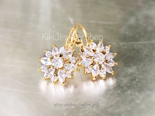 White Sapphire Snowflake Flower Leverback Earrings Gold