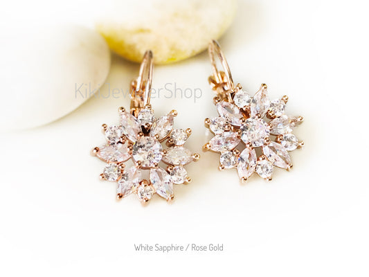 White Sapphire Snowflake Flower Leverback Earrings Rose Gold