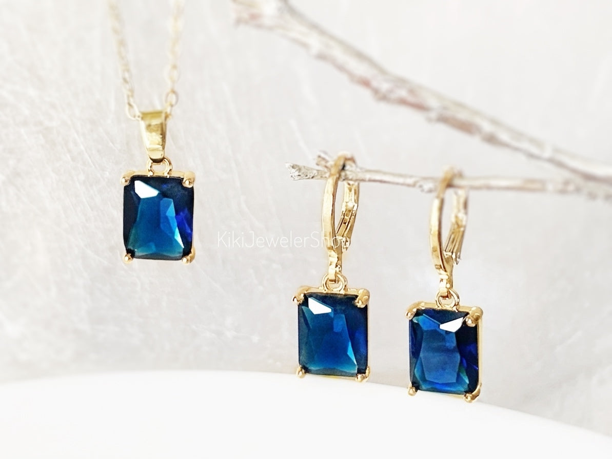 Small Blue Sapphire Emerald CutJewelry Set