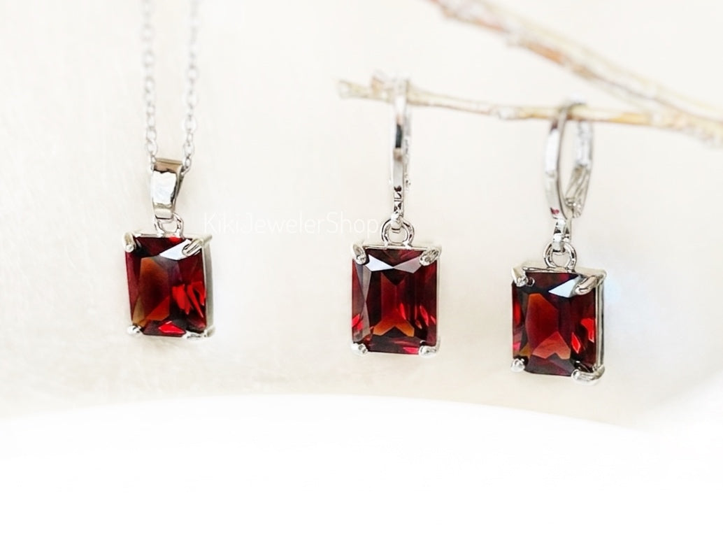 Small Garnet Emerald Cut Jewelry Set