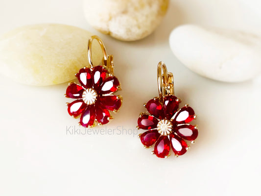 Ruby Daisy Flower Drop Earrings Gold-filled