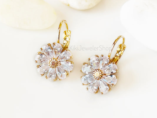 White Sapphire Daisy Flower Drop earrings Gold-filled