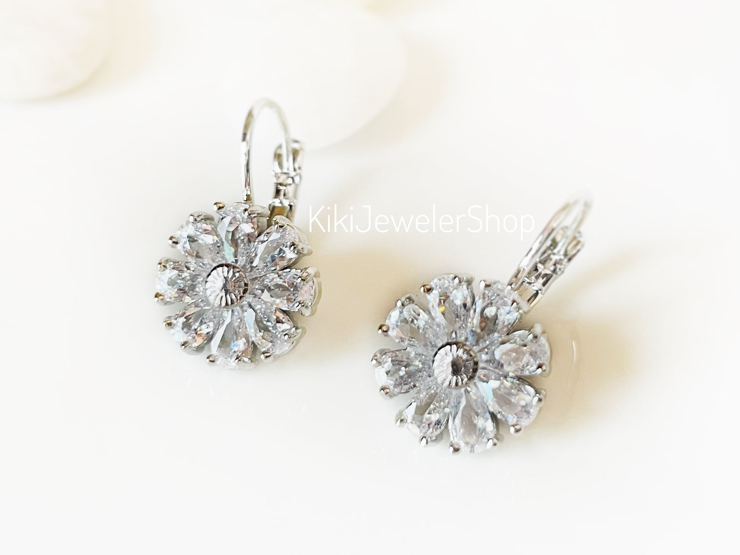 White Sapphire Daisy Flower Drop earrings Gold-filled