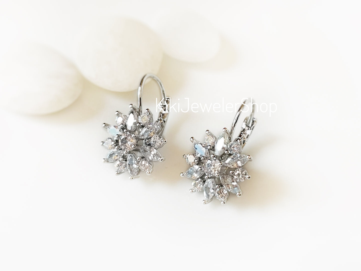 Pink+White Sapphire Snowflake Flower Leverback Earrings