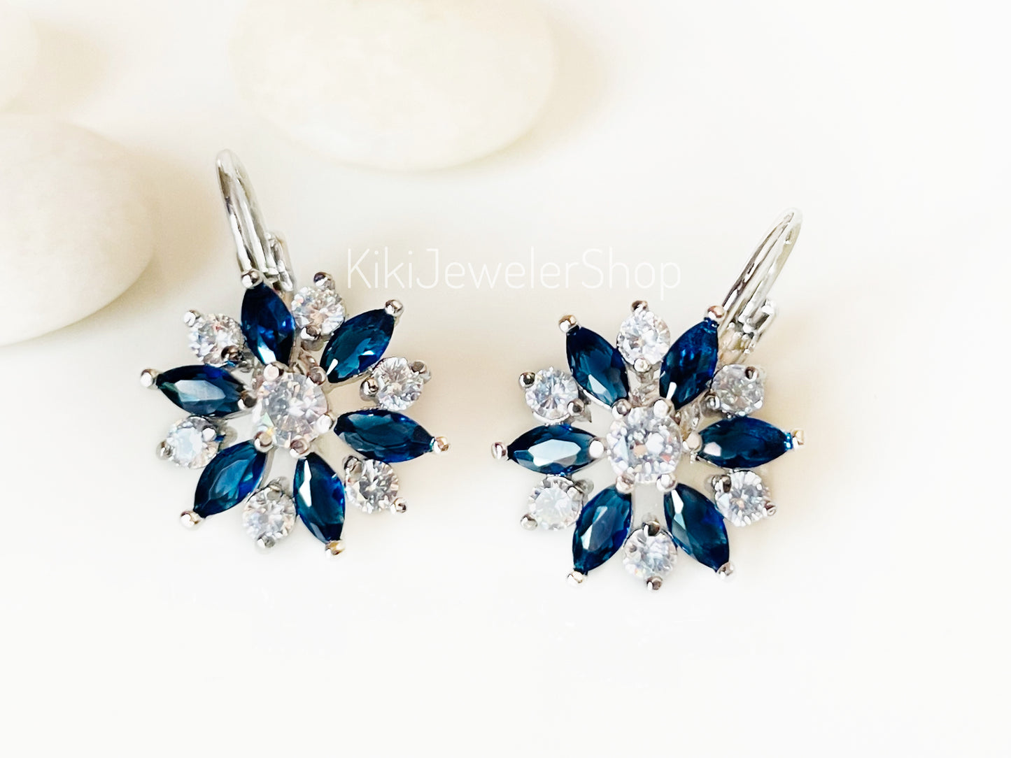 Pink+White Sapphire Snowflake Flower Leverback Earrings